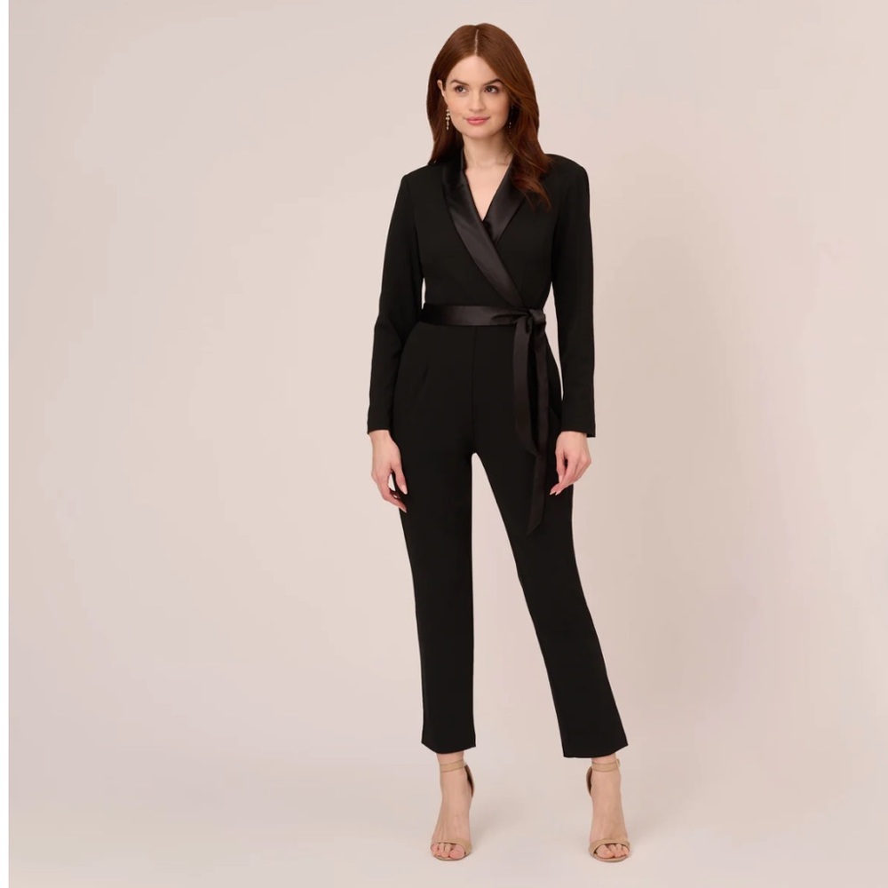 Adrianna Papell Long Sleeve Crepe Jumpsuit with Tuxedo Collar